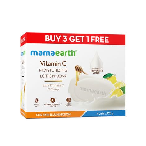 Image of Mamaearth Vitamin C Moisturizing Lotion Soap (3 + 1 Free) (125 gm x 4) | Deeply Cleanses | Moisturizing Bathing Bar | Brightens Skin | Nourishes Dry Skin | Non-Drying | 76% TFM Grade 1 Soap