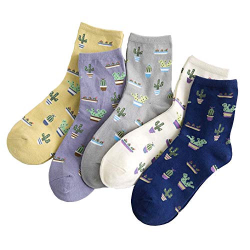 Crew Socks, 5-pack Women Cacti Parttern Casual Socks Cotton Knitting Lovely Cute Crew Socks(5 Pack Cactus)
