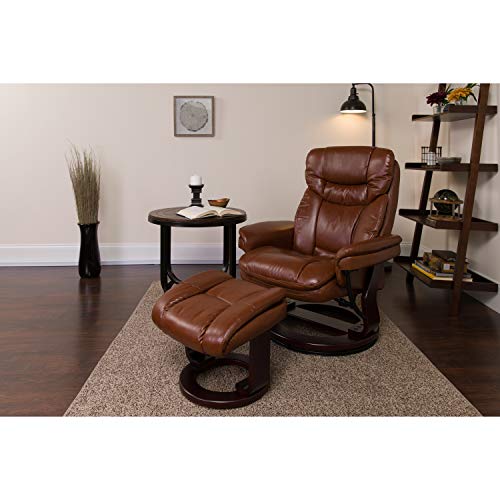 Flash Furniture Allie Contemporary Multi-Position Recliner And Curved Ottoman With Swivel Mahogany Wood Base In Brown Vintage Leathersoft #TOP1