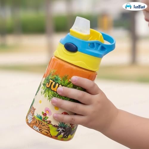 Image of FunBlast Jungle Theme Water Bottle for Kids- Cute Water Bottle with Straw, Insulated Stainless Steel Bottle,Sipper Bottle for Kids (300 ML)