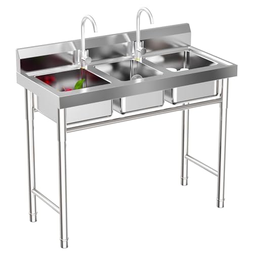 YIYIONCE 3 Compartment Sink 304 Stainless Steel Kitchen Sinks Freestanding Utility sink with 2 Hot & Cold Faucet Commercial Triple Bowl Sink for Bar, Restaurant/Each Bay 11