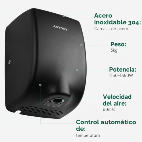 Miniatura 5 de Anydry Secamanos 2803y Mini, Flujo De Aire De Alta Velocidad 1350w, Acabado En Acero Inoxidable Mate Negro, Diseño Compacto Para Uso Comercial Y Doméstico Mate Negro