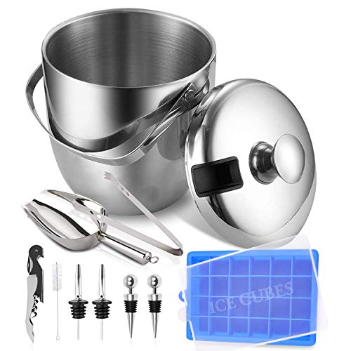 AJ GEAR Insulated Ice Bucket 10 Piece - Stainless Steel Ice Buckets Insulated with Lids - Double Layer Ice Buckets for Cocktail Bar, Parties - Ice Bucket with Tongs & Cube Tray - Ice Buckets for Bar