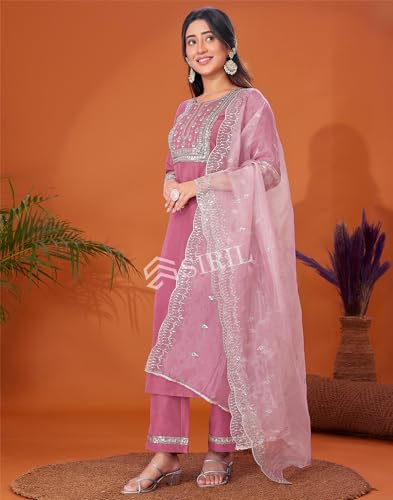Image of SIRIL Women's Cotton Blend Sequence Embroidery Straight Kurta Pant with Dupatta Set