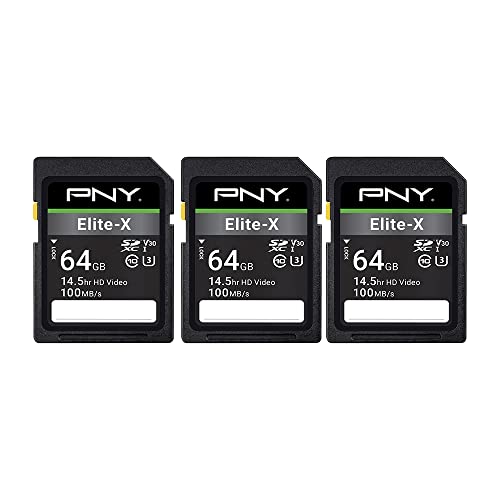 PNY Elite-X Lot de 3 Cartes mémoire Flash SDXC Classe 10 U3 V30 100 Mo/s, Classe 10, U3, V30, 4K UHD, Full HD, UHS-I, Full Size SD 64 Go