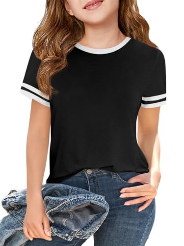 Image of Haloumoning Girls Short Sleeve T Shirts Kids Summer Crewneck Color Block Tops Fashion Tees 5-14 Years