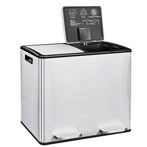AVV Kitchen Step Trash Can and Recycle Bin Combo Dual Garbage and Recycling Double Compartment Large Stainless Steel 16 Gallon (2 X 8 Gal)