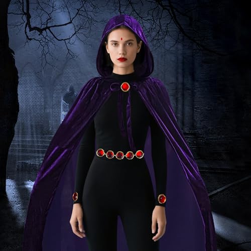 Image of Purple Cape with Red Gem Waist Belt, Purple Cloak with Hood Anime Cosplay Halloween Costume Accessories for Women
