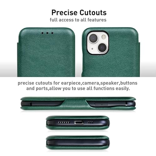 Image of PULOKA for iPhone 14 - Sleek Flip Case - Premium Vegan Leather Phone Cover with Card Slot - Slim, Durable, Privacy Protection - Kickstand Function - Elegant Flip Wallet Cases for Apple - Green