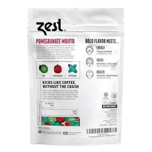 Zest Energy Green Tea – Pomegranate Mojito High Caffeine Tea Bags for Focus & Morning Energy – Natural Caffeinated Tea with 135mg Caffeine – Coffee Substitute – 20Ct Pack, Non-GMO & Keto Friendly