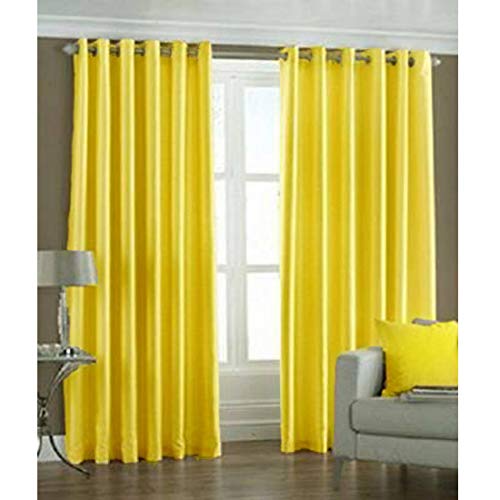 Image of Polyester Eyelet Window Curtain, Solid Plain Light Filtering Curtain for Bedroom, Living Room & Home Office, 5 Feet (60 x 48 Inch), Yellow, Pack of 2