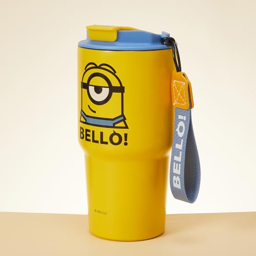 Image of MINISO Minions Travel Tumbler Stainless Steel Cup 17 oz with Strap Vacuum Insulated Water Bottle with Lid and Straw Coffee Cup Holder Compatible BPA-Free Mug for Adults and Kids School Office Home