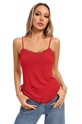 Image of Kate Kasin Women's Adjustable Spaghetti Strap Lace Trim Cami Tunic Tank Top 2PACK