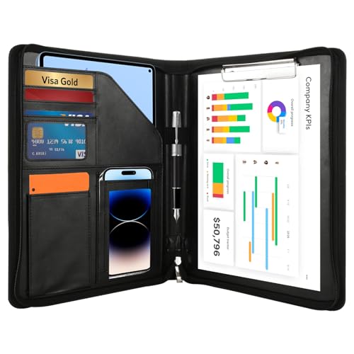 LOPYXBR Konferenzmappe A4 PU Leder Multifunktional Wasserdicht Schreibmappe a4 mit Reißverschluss Schreibmappe Taschen Stifthalter und Karten Schwarz