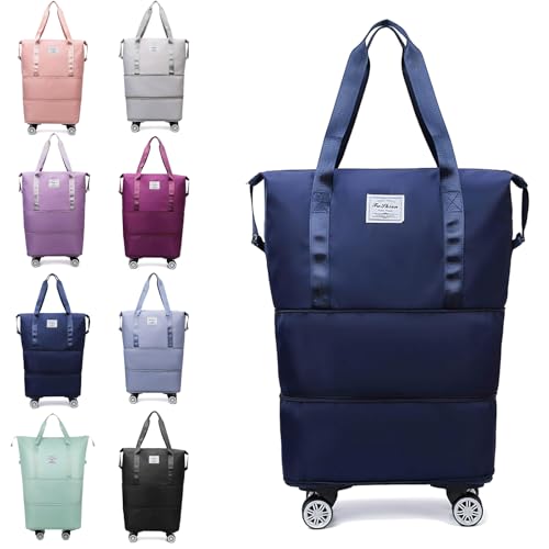 Klarson Expandable Bag with Wheels, Collapsible Luggage With Wheels, Foldable Suitcase without Handle, Lightweight Durable Rolling Duffle Bag with Wheels (Navy Blue)