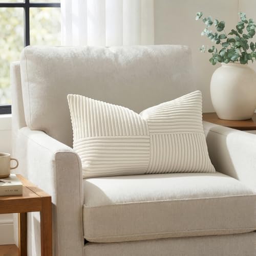Image of MIULEE Cream White Decorative Throw Pillow Covers 12x24 Inch for Couch Bed Sofa Pack of 2 Beige Neutral Boho Farmhouse Throw Pillows Soft Cross Corduroy Patchwork Textured Cushion Cases