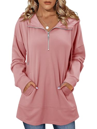 onlypuff Women Hoodie Pullover Trendy Quarter Zipper Lapel Sweatshirts Drawstring Cute Hooded Tunic Tops with Side Pockets