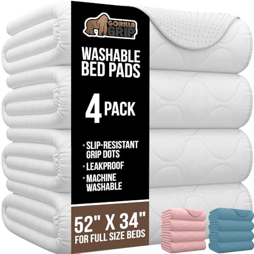 Image of GORILLA GRIP Washable Underpads, 52x34 4 Pack Waterproof Reusable Heavy Absorbency Incontinence Bed Pads, Leak Proof Toddler Mattress Pad, Slip Resistant for Bedwetting, Adults and Kids, White