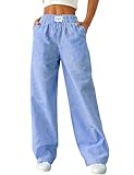 LOMON Womens Striped Wide Leg Boxers Pants Cotton Pajama Lounge Pj Casual Trousers Y2K Beach Bottoms with Pockets (Deep Blue Pinstripe, M)