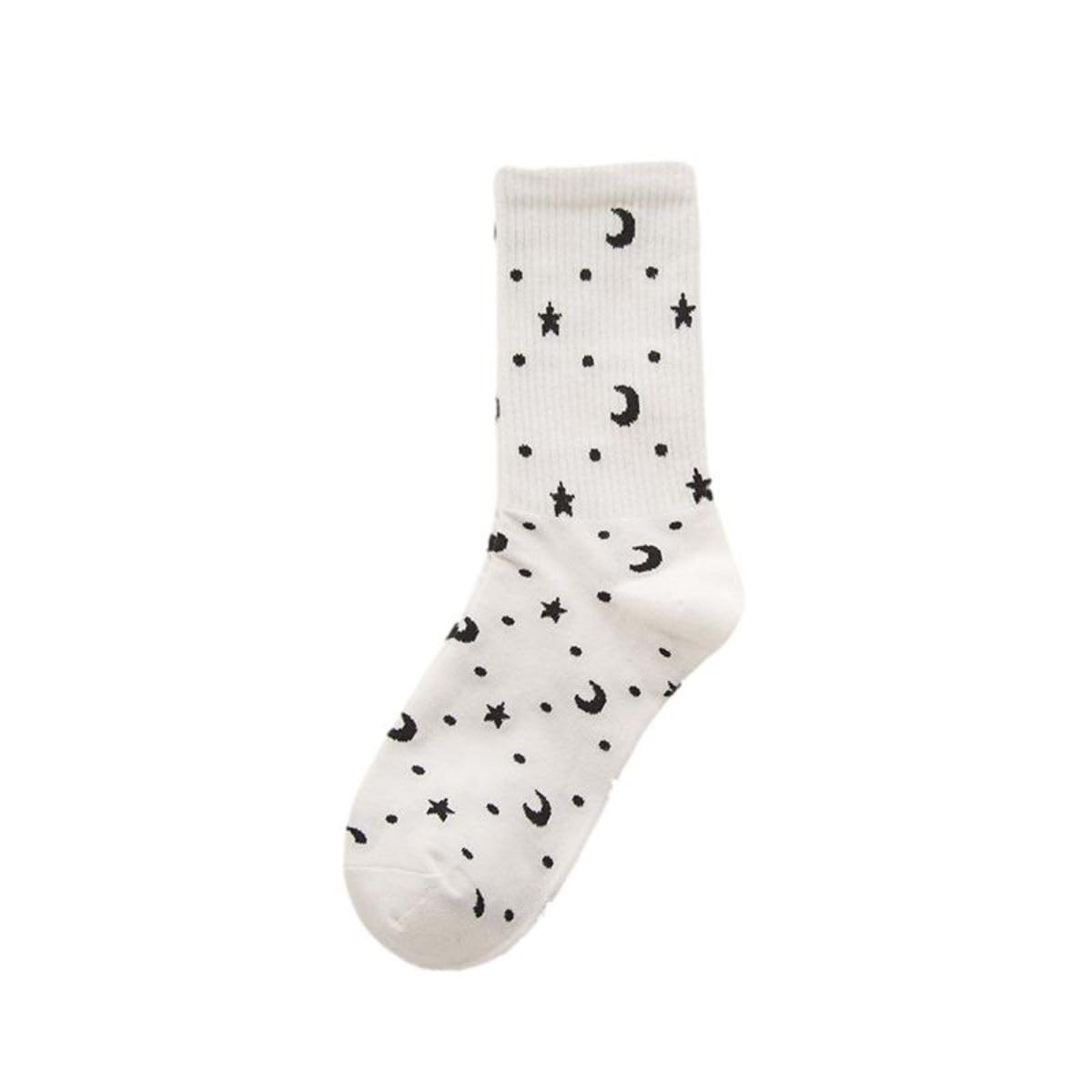 Ro Rox Moon Star Cat Socks Wicca Gothic Celestial Ribbed Cotton Stretch Unisex, White, One Size