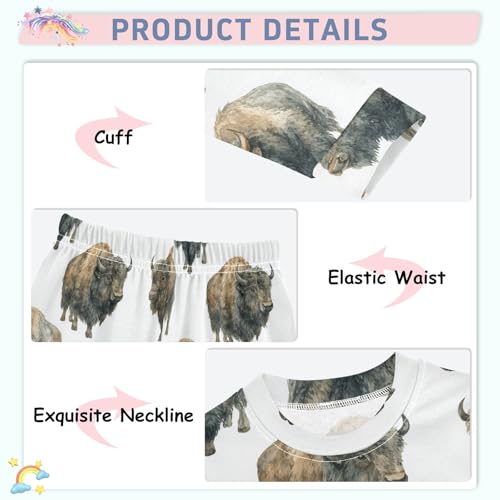 Pajama Sets Long Sleeve Bison Pattern Print on White Soft Comfy Sleepwear 2 Piece PJS 3-8T4