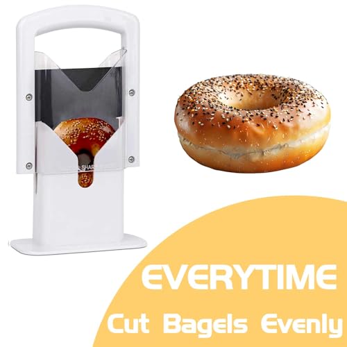 Bagel Slicer,Bagel Precision Slicer,Bagel Cutter,Bagel Cutter with Safety Shield and Safe Grip,Bagel Holder for Cutting Large and Small Bagels,Stainless Steel Blade,6.8" L x 3.7" W x 8.8" H,White - Image 4