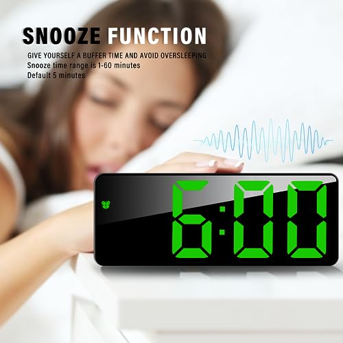 Image of JQGO Digital Alarm Clock, LED Digital Alarm Clock, Mirror, Table Clock, USB Cable, Slim Alarm Clock, 12 /24 Hours, Snooze, Voice Control, Temperature Display, Brightness Adjustable, Bedroom, Green