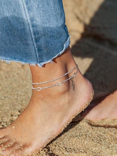 Image of FindChic Black /Silver /Gold Plated Anklets Set of 2PCS /3PCS Herringbone Chain Cuban Link Heart Charm Sparkling Tennis Ankle Bracelets, Waterproof Summer Foot Jewelry for Beach