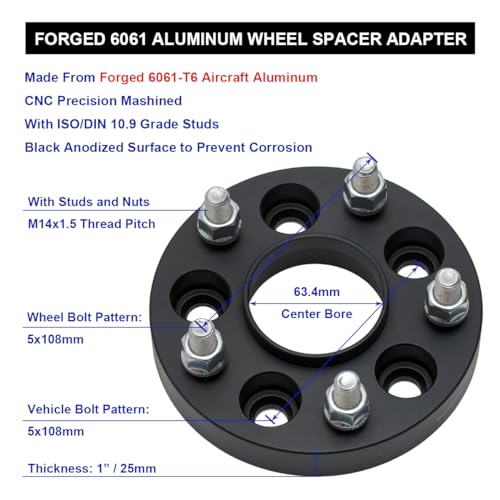 VLAOSCHI Black Forged 5x108 Hubcentric Wheel Spacers 1 Inch 14x1.5 Studs 63.4mm Hub Bore Compatible with Ford Land-Rover-Volvo for 2015-2023 Edge | 2015-2023 Discovery Sport | S60 S80 - Pack of 2