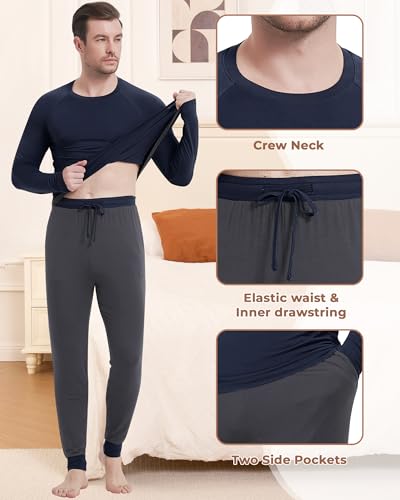 Image of NACHILA Mens Pajamas Set Long Sleeve Henley Sleepwear Top Soft Jogger Pants Pajamas Cool Pjs Set,Viscose Made from Bamboo