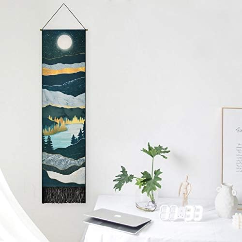 Sunm Boutique Mountain Tapestry Moon Starry Night Sky Tapestries Forest Tree Lake Tapestry Nature Landscape Tapestry for Room (Navy Blue, 32.5X135cm)