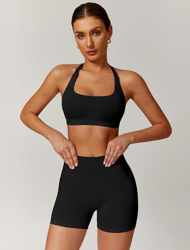 Image of ABOCIW Workout Sets for Women 2 Piece seamless Halter Sports Bra Scrunch Butt Impact Shorts Gym Yoga Outfits