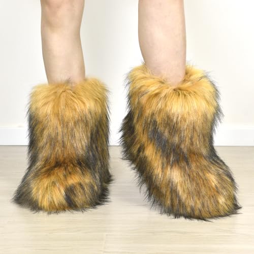 Image of Fashion Fur Boots,Flat Heel Comfy Plush Warm Snow Booties,2025 Winter Outdoors Furry Boots,Mid-Calf Faux fur Boot for Women.