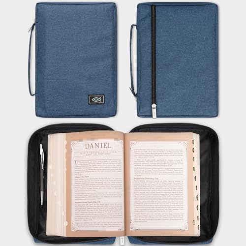 Image of Christian Art Gifts Men /Women's Bible Cover Jesus Fish, Blue Canvas, Large
