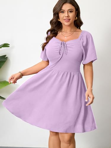 Image of RWJ Women Plus Size Summer Dress Short Sleeve Tie Front Sweetheart Neck Casual Mini Wedding Guest Dresses 2025