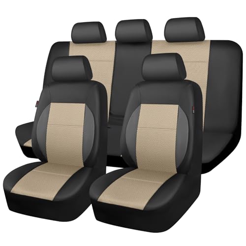 Image of CAR PASS Leather Seat Covers Breathable Air Mesh Car Seat Cover Full Set Super 5mm Sponge Inside, Airbag Compatible, Universal Automotive Interior Cover Fit for Car SUV Truck Van Black Beige