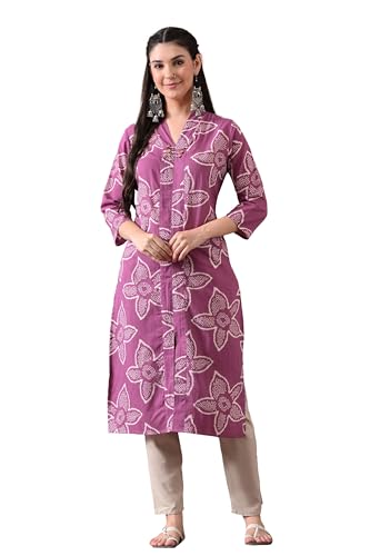Image of Ichaa Women's Pure Cotton A-Line Ethnic V-Neck Kurta with 3 /4th Sleeve for Daily and Office Wear, in Plus Sizes