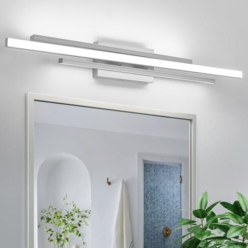 Image of VitaLink 35 Inches Nickel LED Modern Bathroom Vanity Light Fixtures 25W Dimmable 5CCT Vanity Light Bar Over Mirror 3-Light Wall Light for Bathroom Over Mirror Picture Light