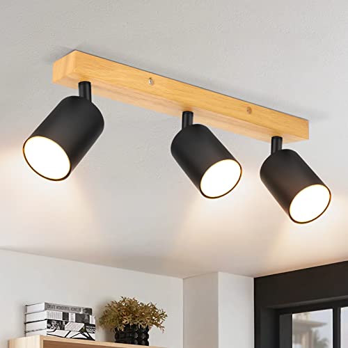 Ketom Deckenstrahler LED Schwarz, Deckenlampe Strahler Holz, Deckenstrahler 3 Flammig, LED Deckenleuchte Schwenkbar, GU10 Deckenlampe Spot, Modern Deckenlampe Spotbalken für Küche, Wohnzimmer thumbnail