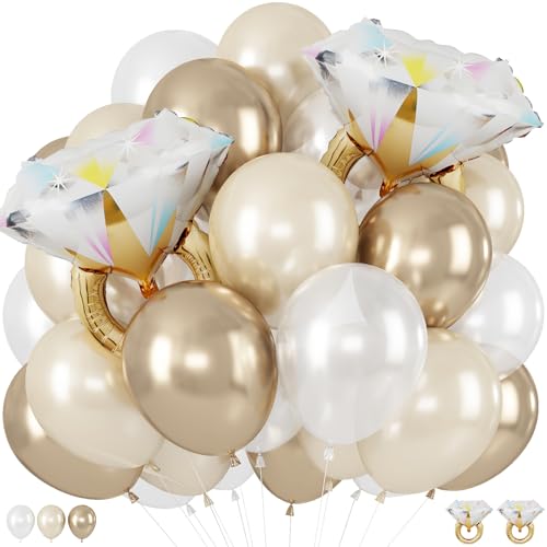 Image of White and Gold Balloons, 35 Pcs 12 Inch Sand White Metallic Gold Balloons | with 2 Pcs Diamond Ring Foil Balloon for Boho Wedding Engagement Bride Shower Anniversary Party Decorations