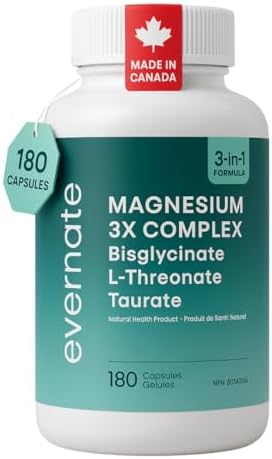 Magnesium 3X Complex – Bisglycinate, L-Threonate & Taurate – 3-in-1 Supplement for Brain, Muscle & Heart Support – 200mg Elemental Magnesium per Daily Dose – 180 Vegan Capsules – Made in Canada