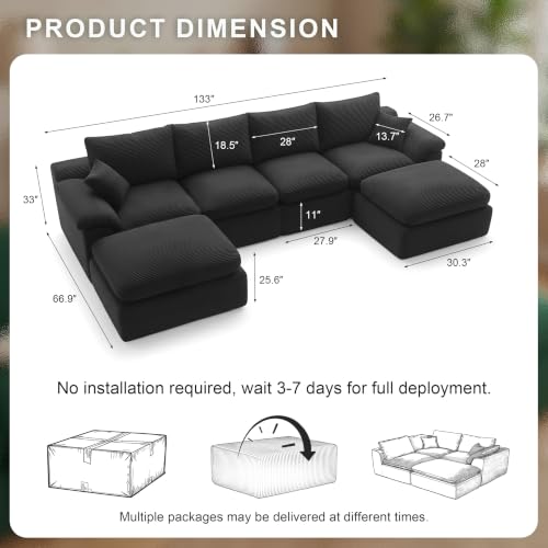 Image of 133 inch Cloud Sectional Couch, Boneless Couches for Living Room, Black | U shaped, Modular Sectional Sofa with Deep Seat & Convertible Ottoman, Built for Family Life, Apartments & Living Rooms