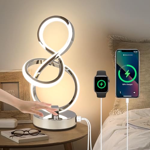 EIDEARAY Modern Table Lamp, LED Bedside lamp with USB C+A Ports, Touch Stepless Dimmable Nightstand lamp, Unique Spiral Table lamp for Bedroom Living Room Home Office, LED Spiral lamp, Silver by EIDEARAY - Used condition - US$31.68