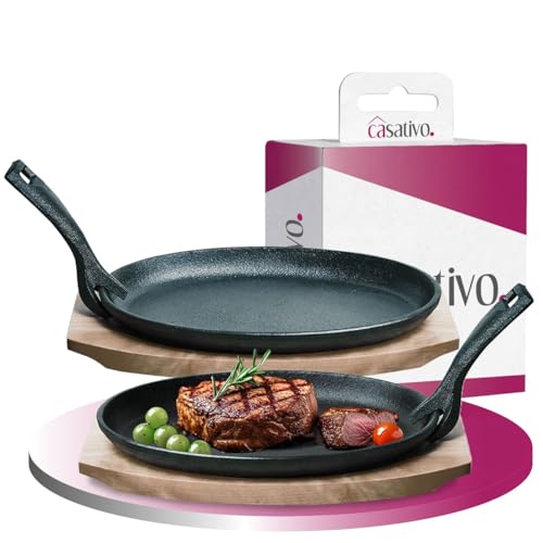 Casativo 2er-Set Massive Profi Servierpfanne aus Gusseisen mit Holz-Untersetzer, 24 x 14 x 2,2 cm, Abnehmbarer Griff, bis 230 °C hitzebeständig