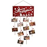 Aucpod Christmas Card Holder Wooden Merry Christmas Wall Hanging Picture Holders with 30 Snowflake Wooden Clips Picture Holder for Xmas Greeting Card Display for Christmas Home Party Wall Decor (Red)