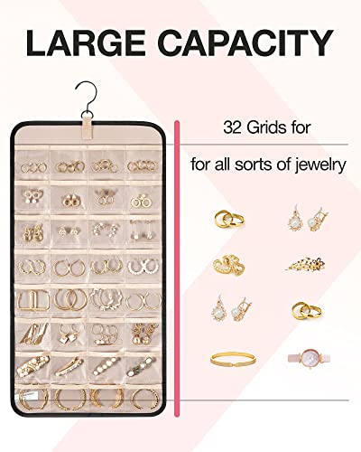 BAGSMART Hanging Jewelry Organizer Storage Roll with Hanger Metal Hooks Double-Sided Jewelry Holder for Earrings, Necklaces, Rings on Closet, Wall, Door, Medium, Black
