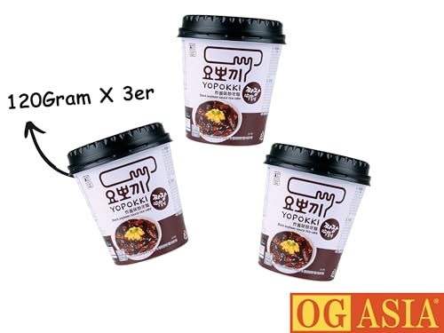 Yopokki Dreierpack Schwarze Bohnen Jjajang - Reiskuchen im Becher - Black Beans Rice Cake Cup - Würzige koreanische Reiskuchen - OG ASIA - 3x 120g