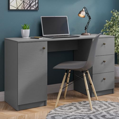 Madesa Modern Schreibtisch, Computertisch mit 3 Schubladen und 1 Tür, 136 x 45 x 77 cm, aus Holz - Grau