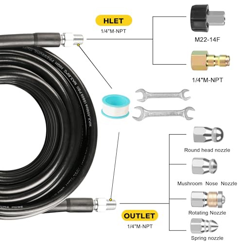 Image of Pressure Washer Drain Jetter - Sewer Jetter Kit for Pressure Washer 50ft 1 /4 Inch NPT Hose Nozzles and Adapter 5800PSI Clears Clogs in Pipes & Sewer Lines