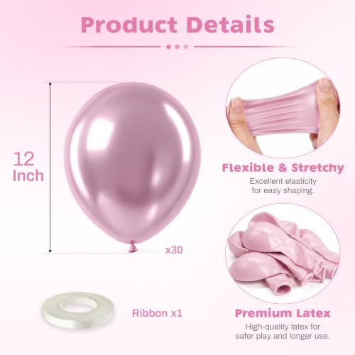 Image of Metallic Pink Balloons, 12 Inch Chrome Light Pink Latex Party Balloons | 30 Pack Pink Metallic Balloons for Birthday, Bridal Shower, Baby Shower, Gender Reveal, Boo Halloween Party Decorations